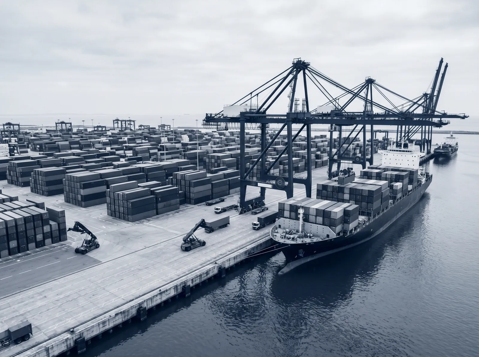 Container shipping port terminal with stacked freight containers and quay cranes