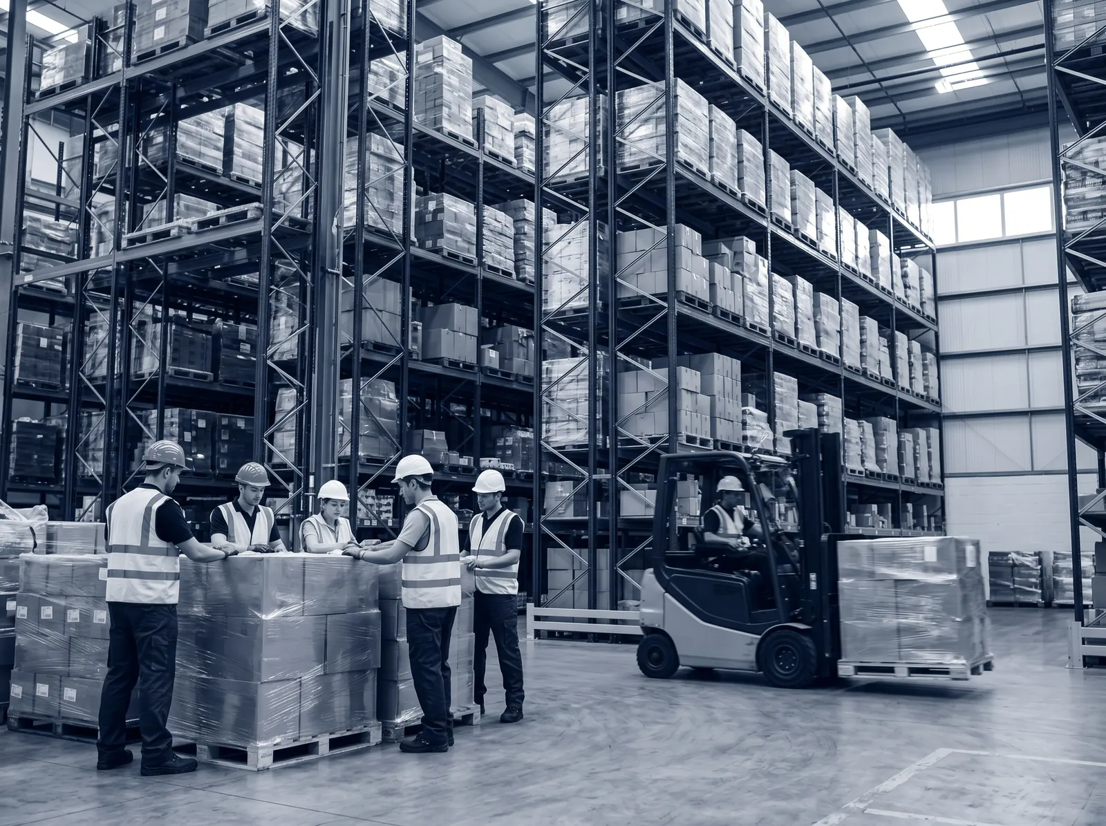 Logistics warehouse interior with team handling pallets and a forklift
